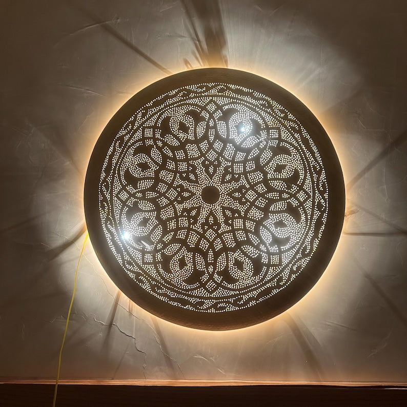 Order by Size : Moroccan handmade brass round wall light lamp (Tinghir)