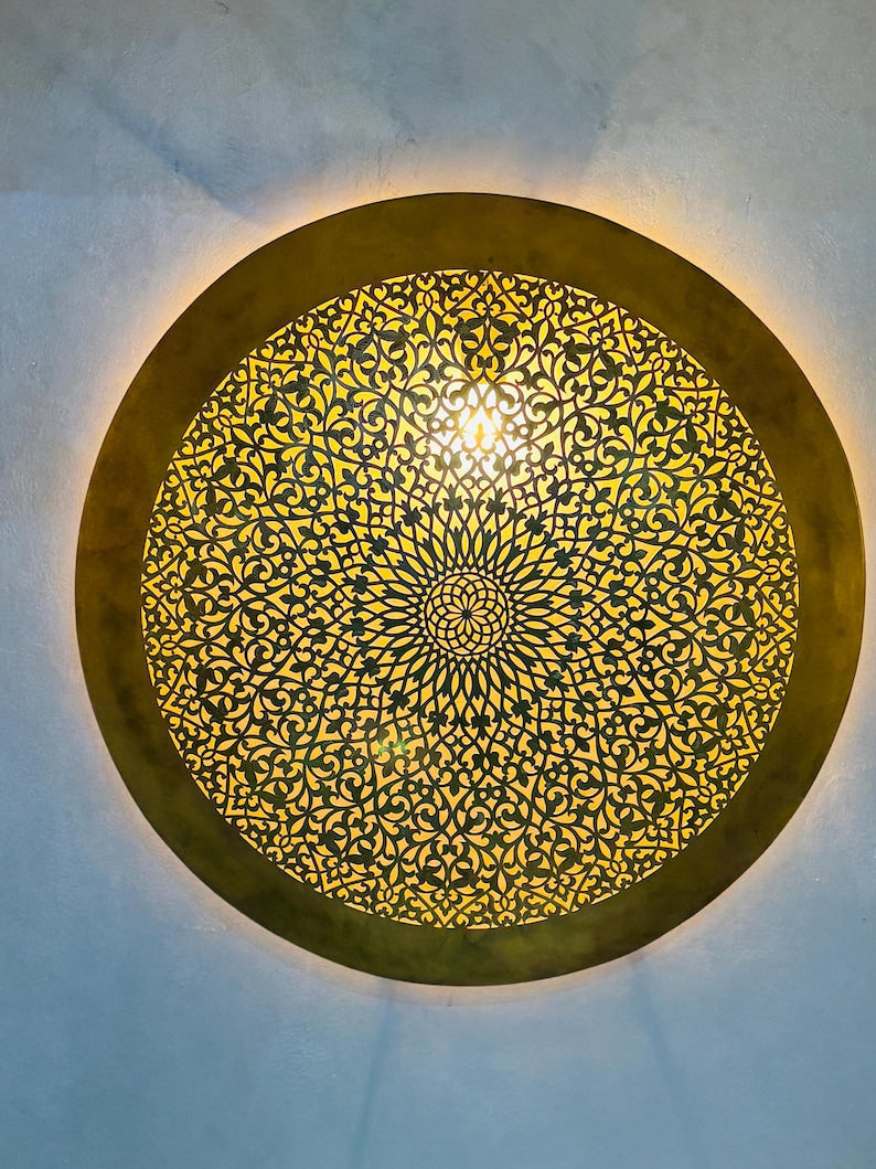 Order by Size : Moroccan handmade brass round wall light lamp (Taza)