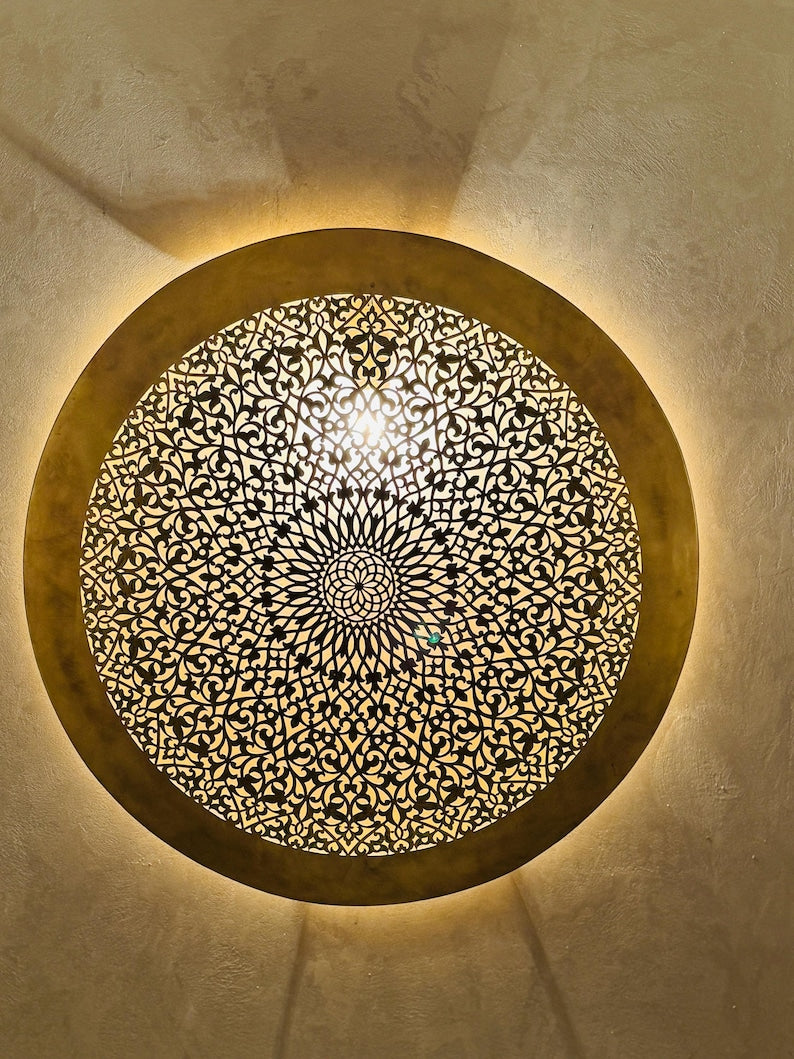 Order by Size : Moroccan handmade brass round wall light lamp (Taza)