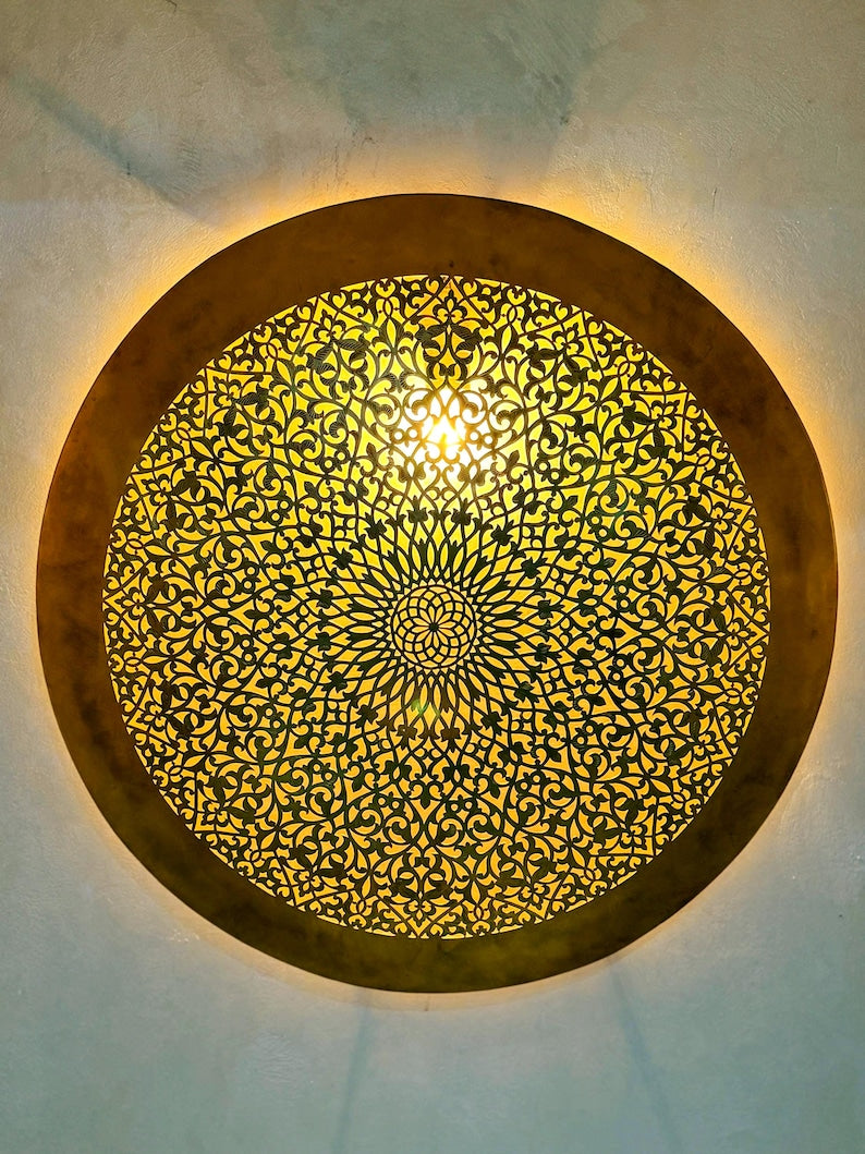 Order by Size : Moroccan handmade brass round wall light lamp (Taza)